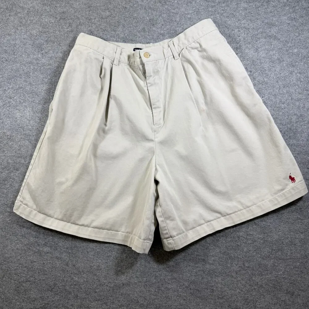 Vintage Ralph Lauren Sport Chino Shorts Mens 14 Khaki Pleated Front Pony Logo